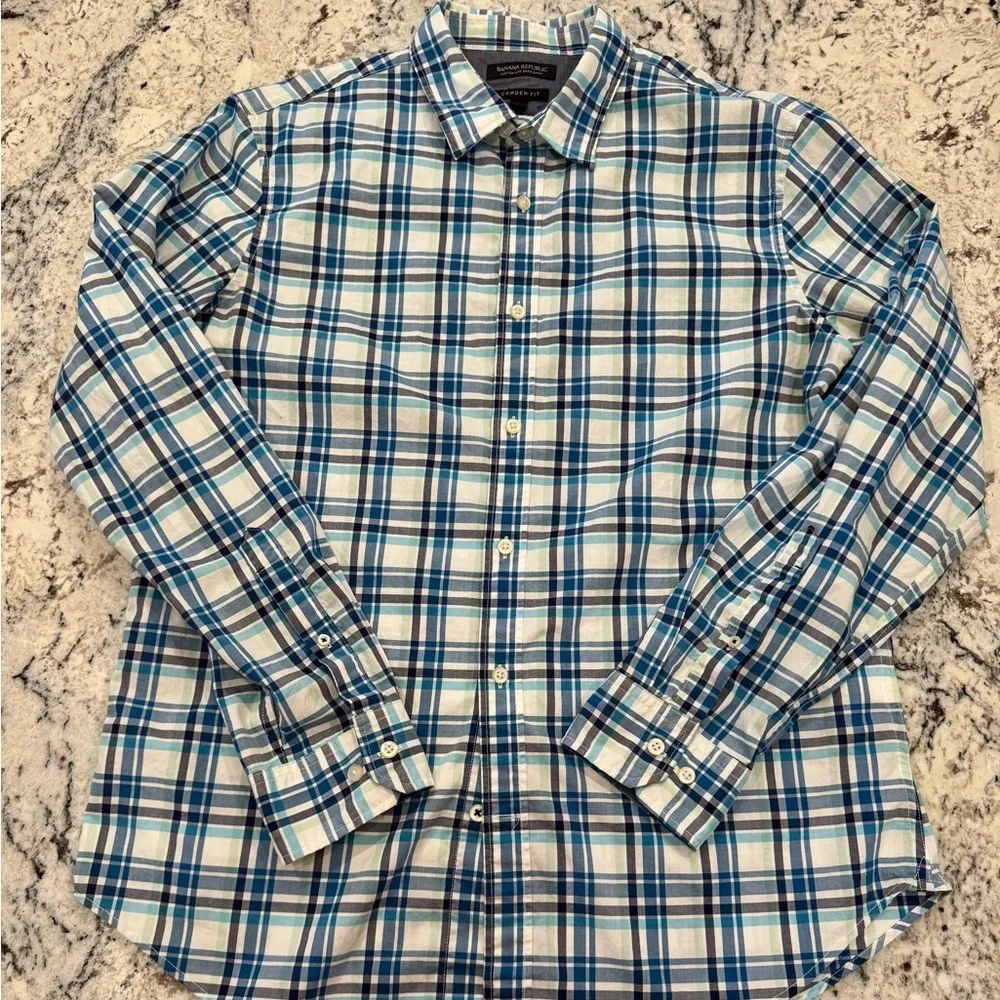Banana Republic Camden Fit Blue Plaid Button Down Shirt L